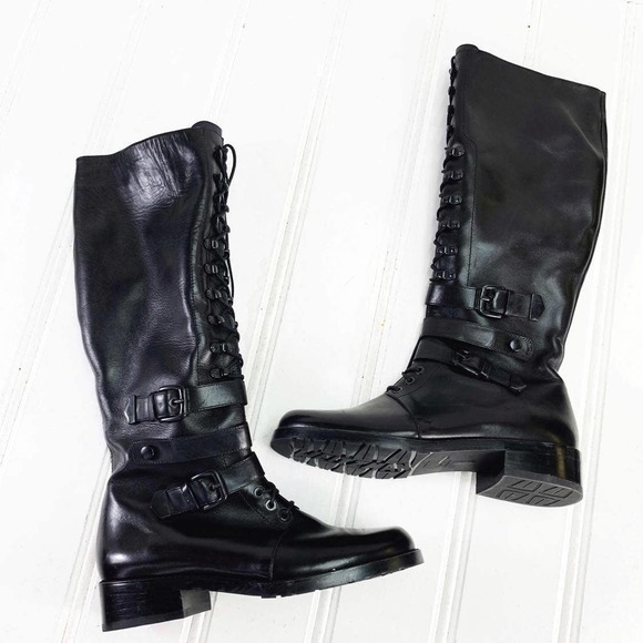 Stuart Weitzman 6.5 Police Lady Black Velour Knee High Combat Boots Lace Up Zip - Picture 3 of 11
